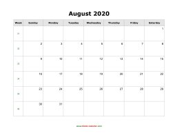 blank august calendar 2020 landscape