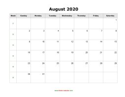 August 2020 Blank Calendar with US Holidays (horizontal)