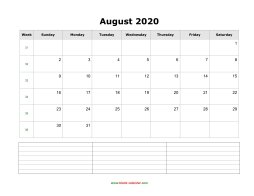 blank august calendar 2020 with notes landscape