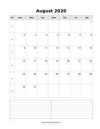 August 2020 Blank Calendar (vertical, space for notes)