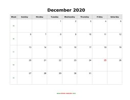 December 2020 Blank Calendar (horizontal)