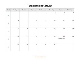 blank december holidays calendar 2020 landscape