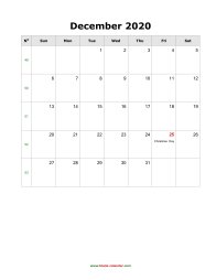 December 2020 Blank Calendar (US Holidays, vertical)