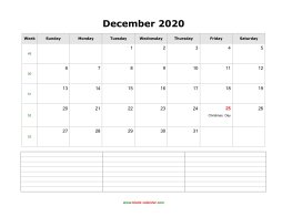 December 2020 Blank Calendar (horizontal, space for notes)