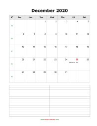 December 2020 Blank Calendar (vertical, space for notes)