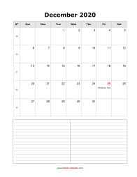 blank december calendar 2020 with notes portrait