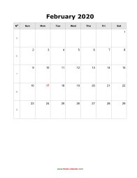 February 2020 Blank Calendar (vertical)