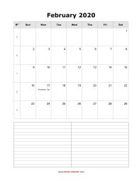 February 2020 Blank Calendar (vertical, space for notes)