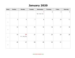 blank january holidays calendar 2020 landscape