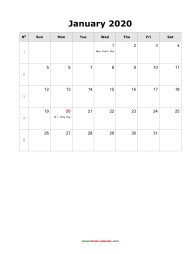 January 2020 Blank Calendar (US Holidays, vertical)