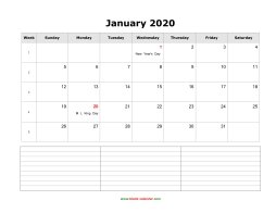 blank january calendar 2020 with notes landscape