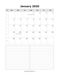 January 2020 Blank Calendar (vertical, space for notes)