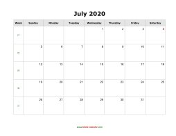 blank july calendar 2020 landscape