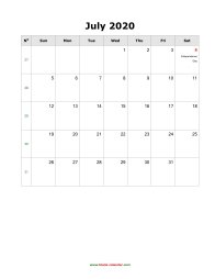 July 2020 Blank Calendar (US Holidays, vertical)