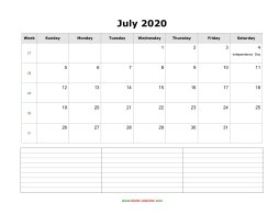 blank july calendar 2020 with notes landscape