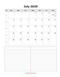 blank july calendar 2020 with notes portrait