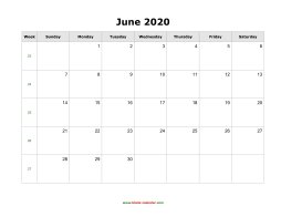 June 2020 Blank Calendar (horizontal)