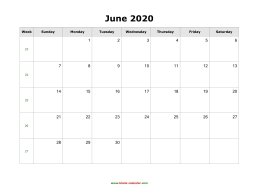 June 2020 Blank Calendar with US Holidays (horizontal)