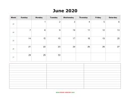 June 2020 Blank Calendar (horizontal, space for notes)