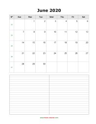 June 2020 Blank Calendar (vertical, space for notes)