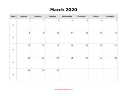 blank march calendar 2020 landscape