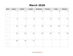 blank march holidays calendar 2020 landscape