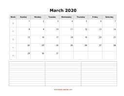 March 2020 Blank Calendar (horizontal, space for notes)