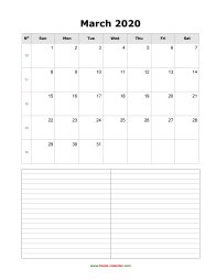 March 2020 Blank Calendar (vertical, space for notes)