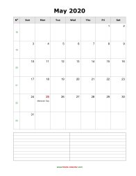 May 2020 Blank Calendar (vertical, space for notes)