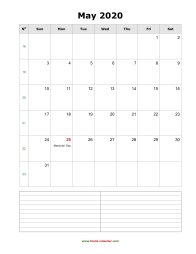 May 2020 Blank Calendar (vertical, space for notes)