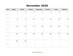 November 2020 Blank Calendar (horizontal)