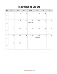 November 2020 Blank Calendar (US Holidays, vertical)