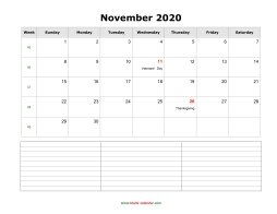 blank november calendar 2020 with notes landscape