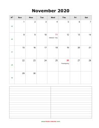 blank november calendar 2020 with notes portrait