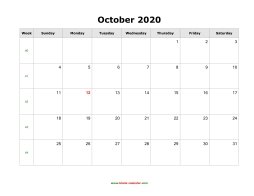 October 2020 Blank Calendar (horizontal)