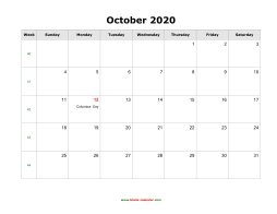 blank october holidays calendar 2020 landscape