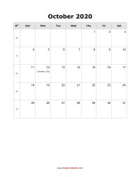 blank october holidays calendar 2020 portrait