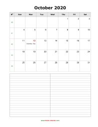 october 2020 blank calendar calendar notes blank portrait