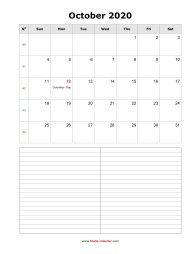 blank october calendar 2020 with notes portrait