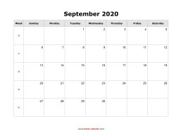 blank september calendar 2020 landscape