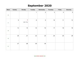 September 2020 Blank Calendar with US Holidays (horizontal)