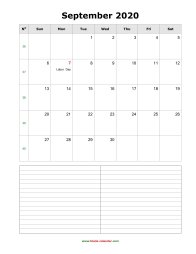 September 2020 Blank Calendar (vertical, space for notes)
