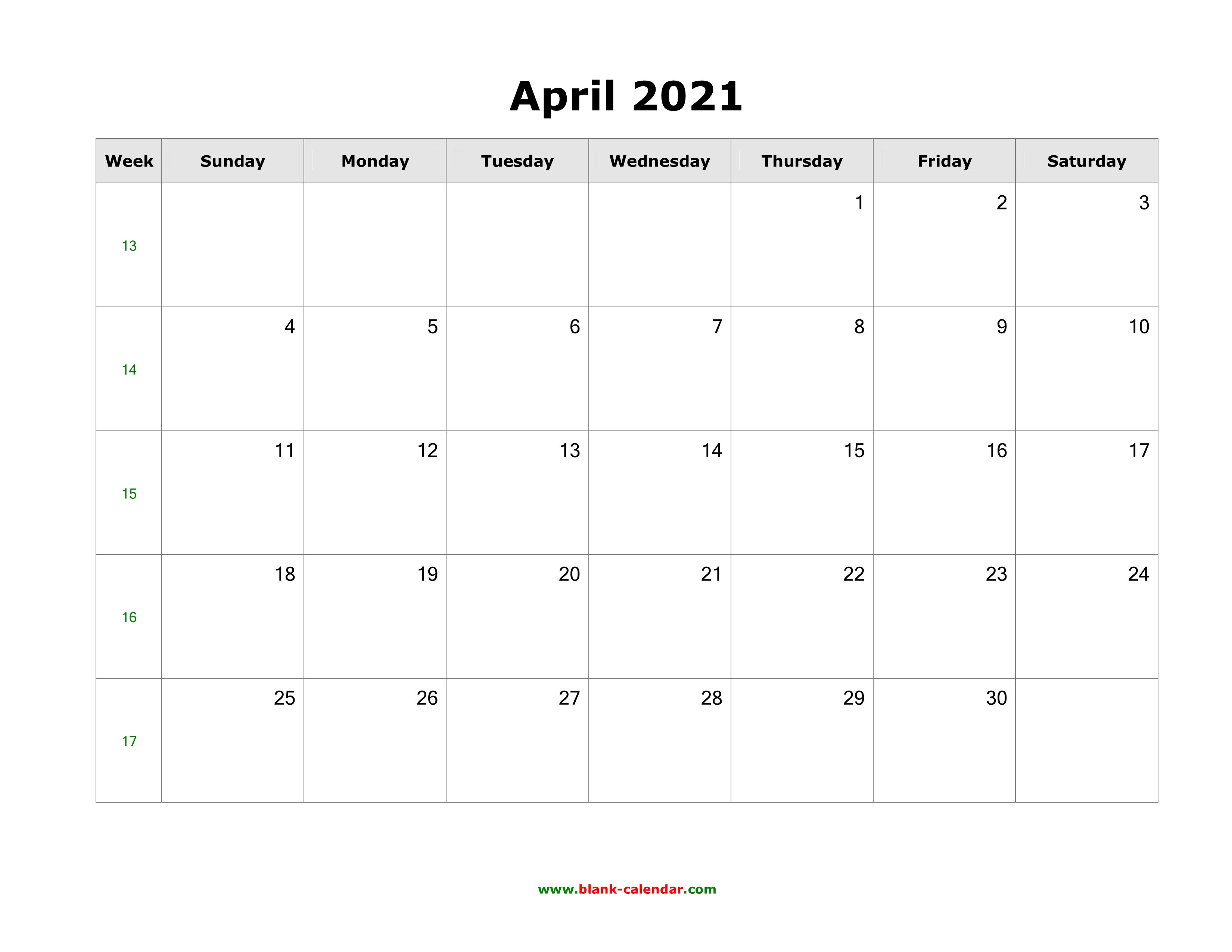 Download April 2021 Blank Calendar (horizontal)