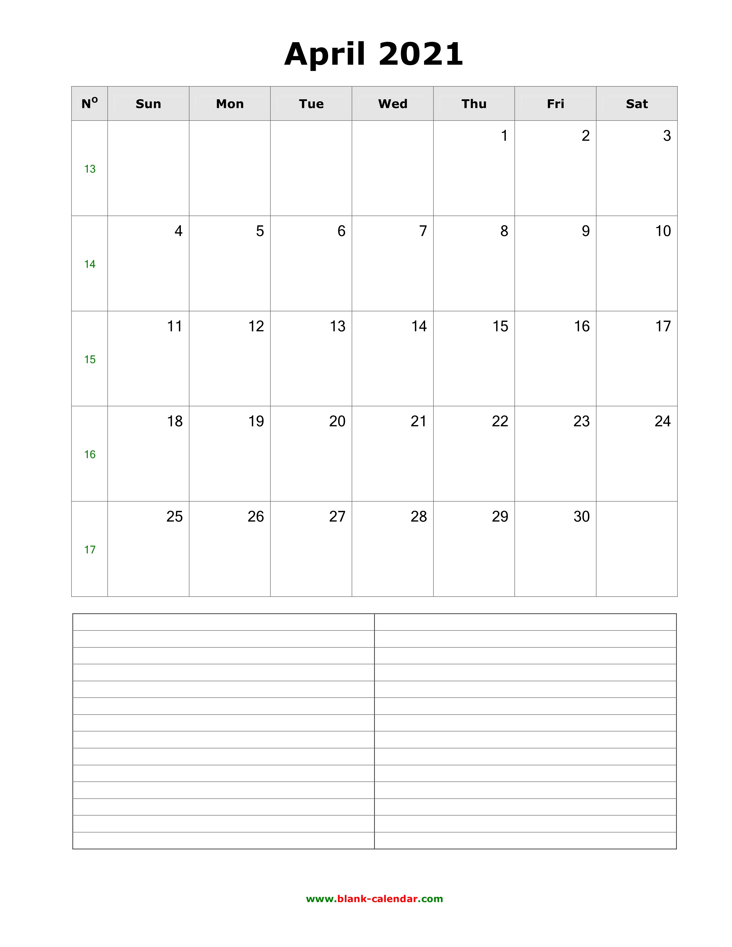 april 2021 vertical calendar Download April 2021 Blank Calendar With Space For Notes Vertical april 2021 vertical calendar