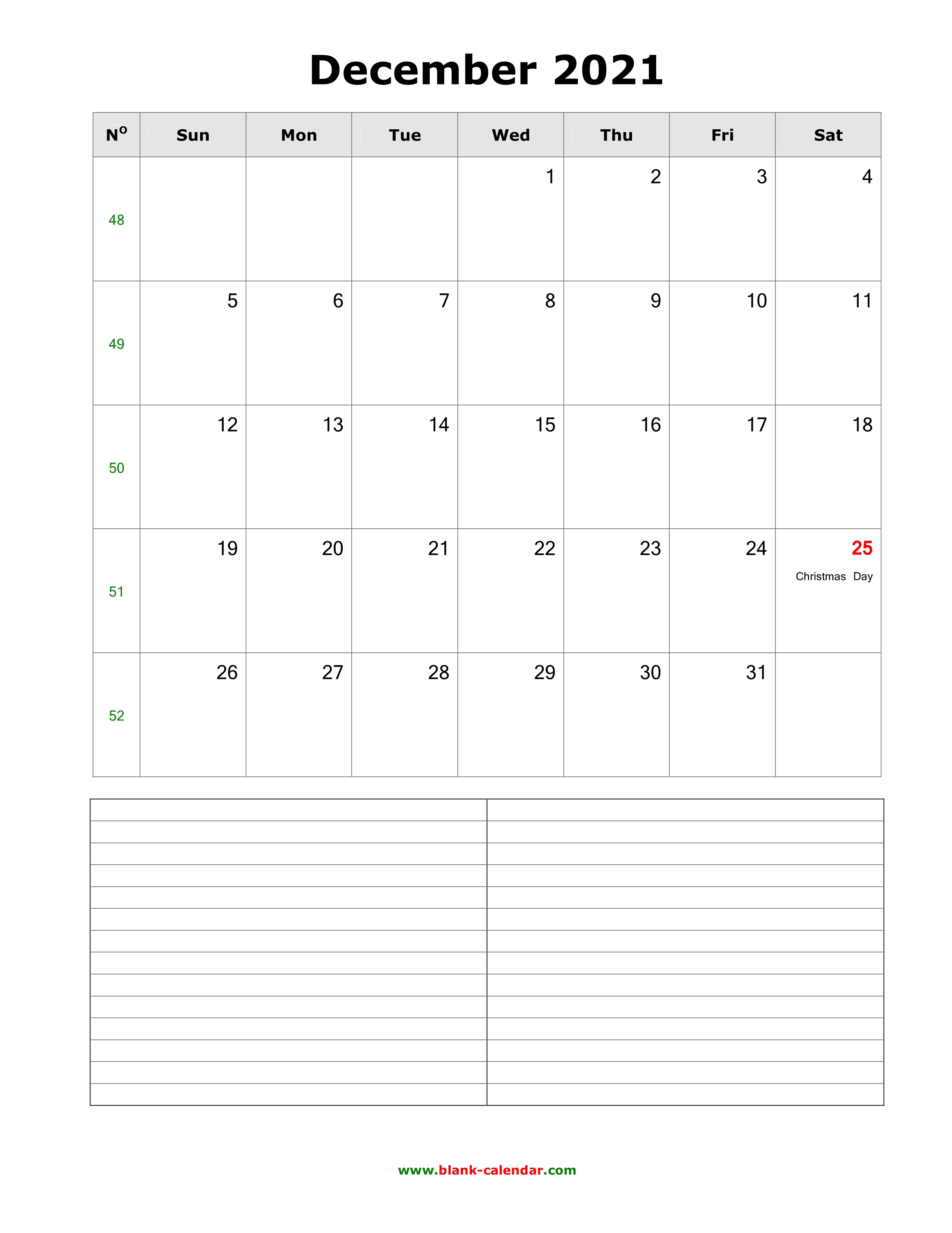 Download December 2021 Blank Calendar with Space for Notes (vertical)