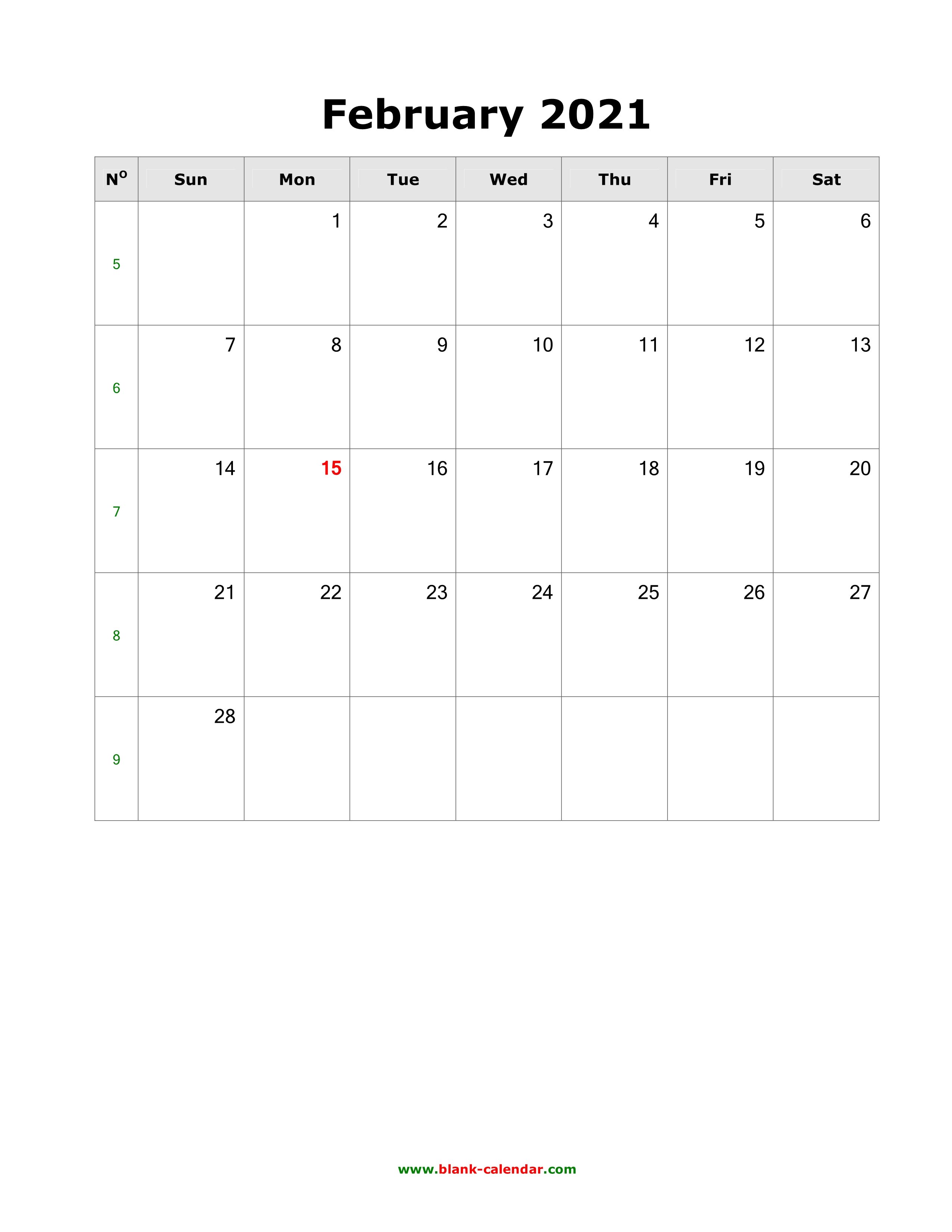 Download February 2021 Blank Calendar (vertical)