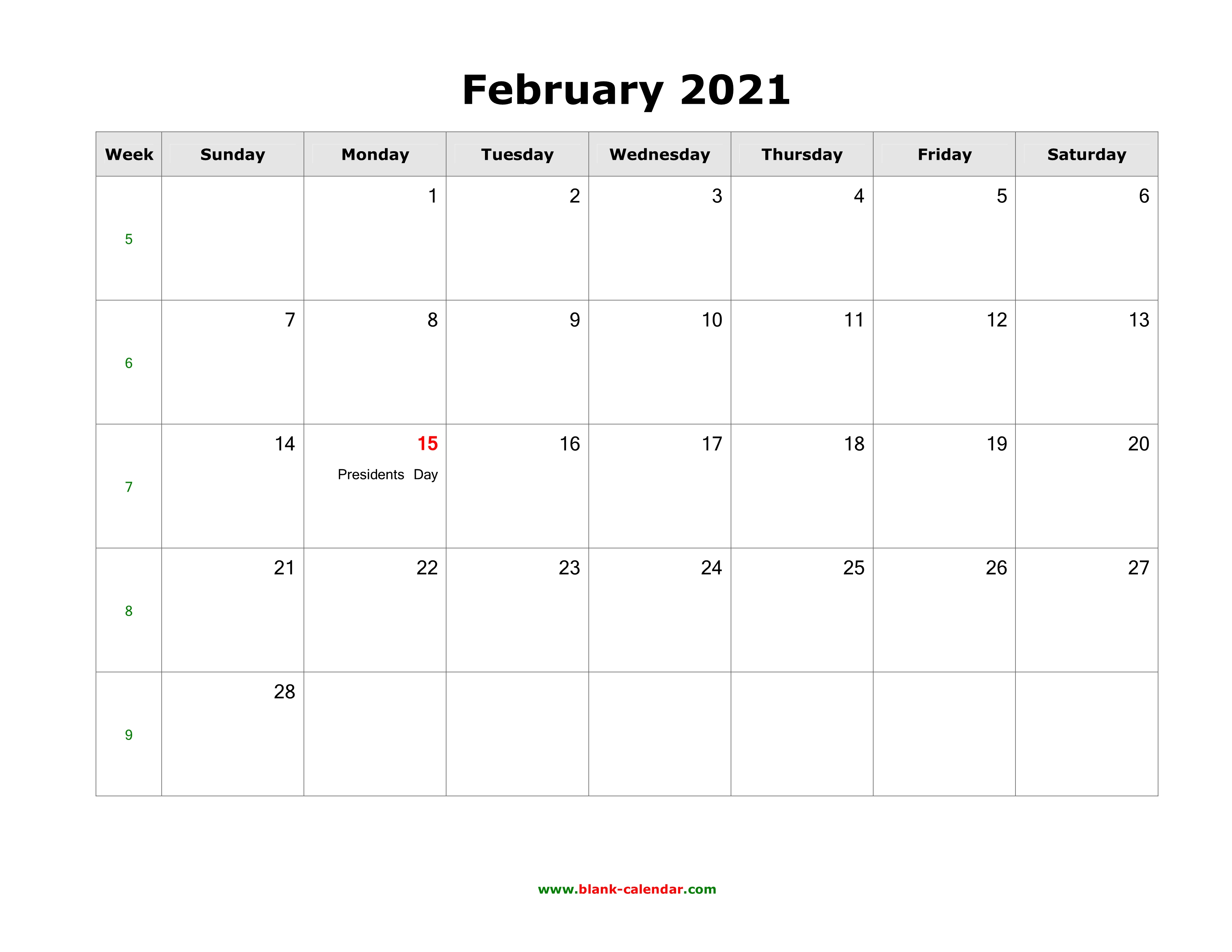 Download February 2021 Blank Calendar With Us Holidays Horizontal