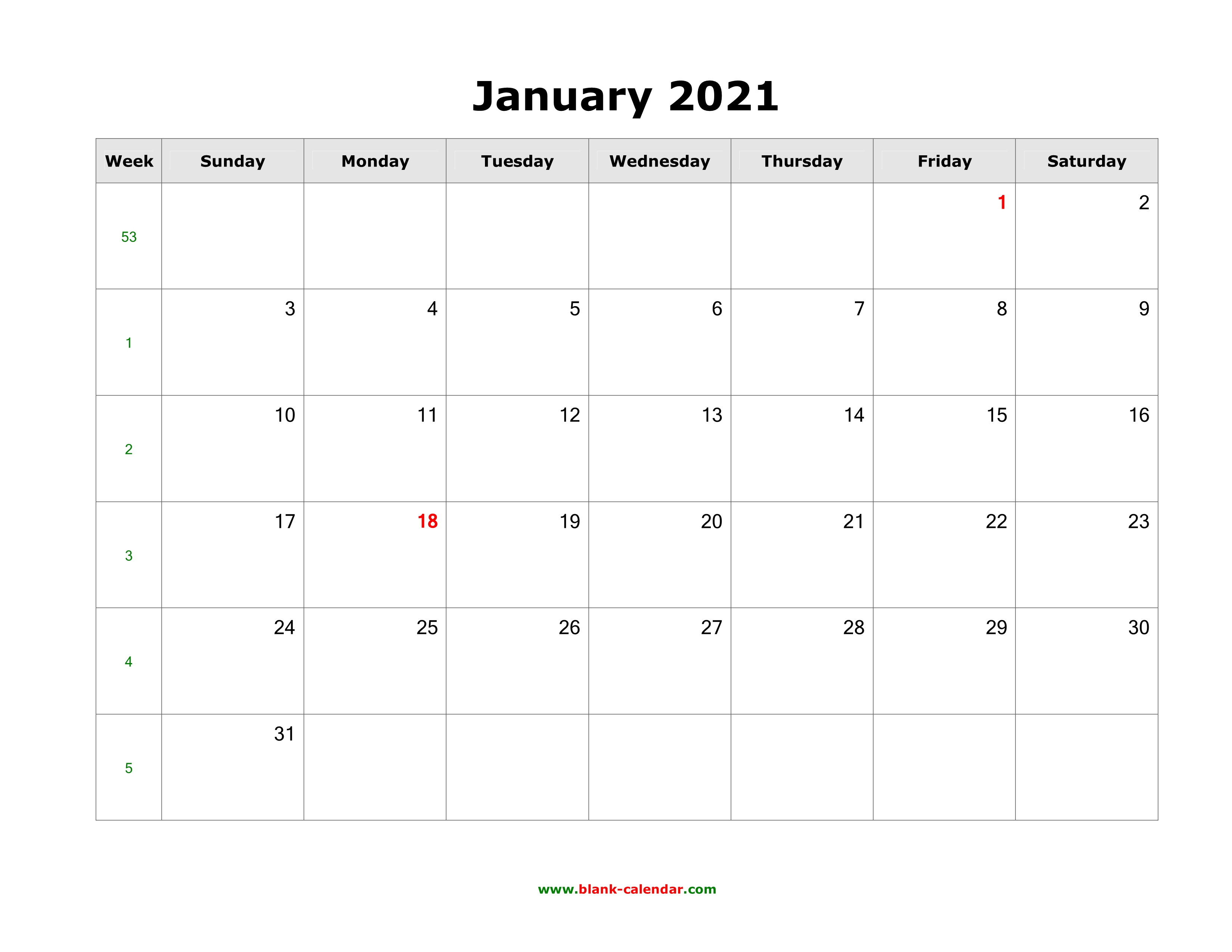 Download January 2021 Blank Calendar (horizontal)