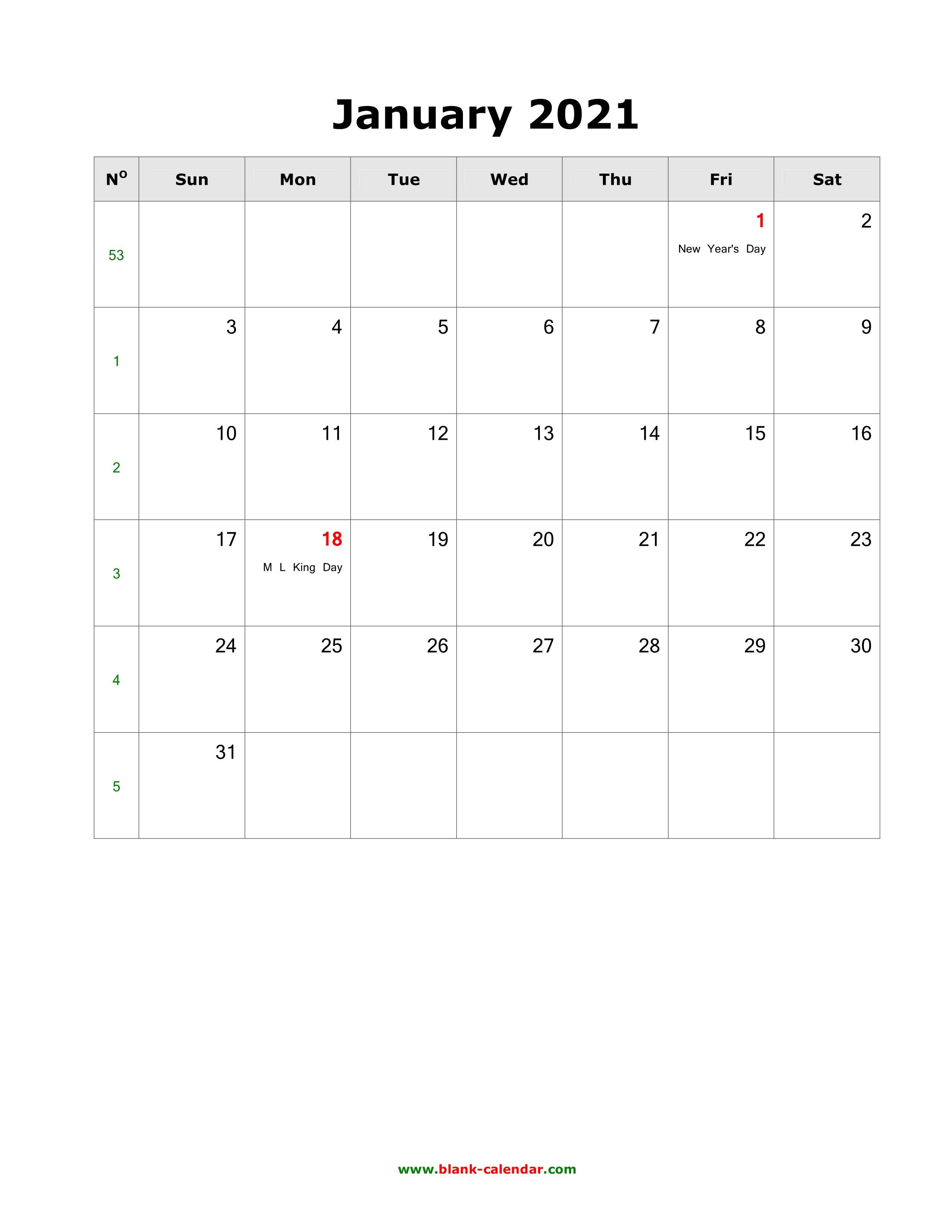 Download January 2021 Blank Calendar With Us Holidays Vertical