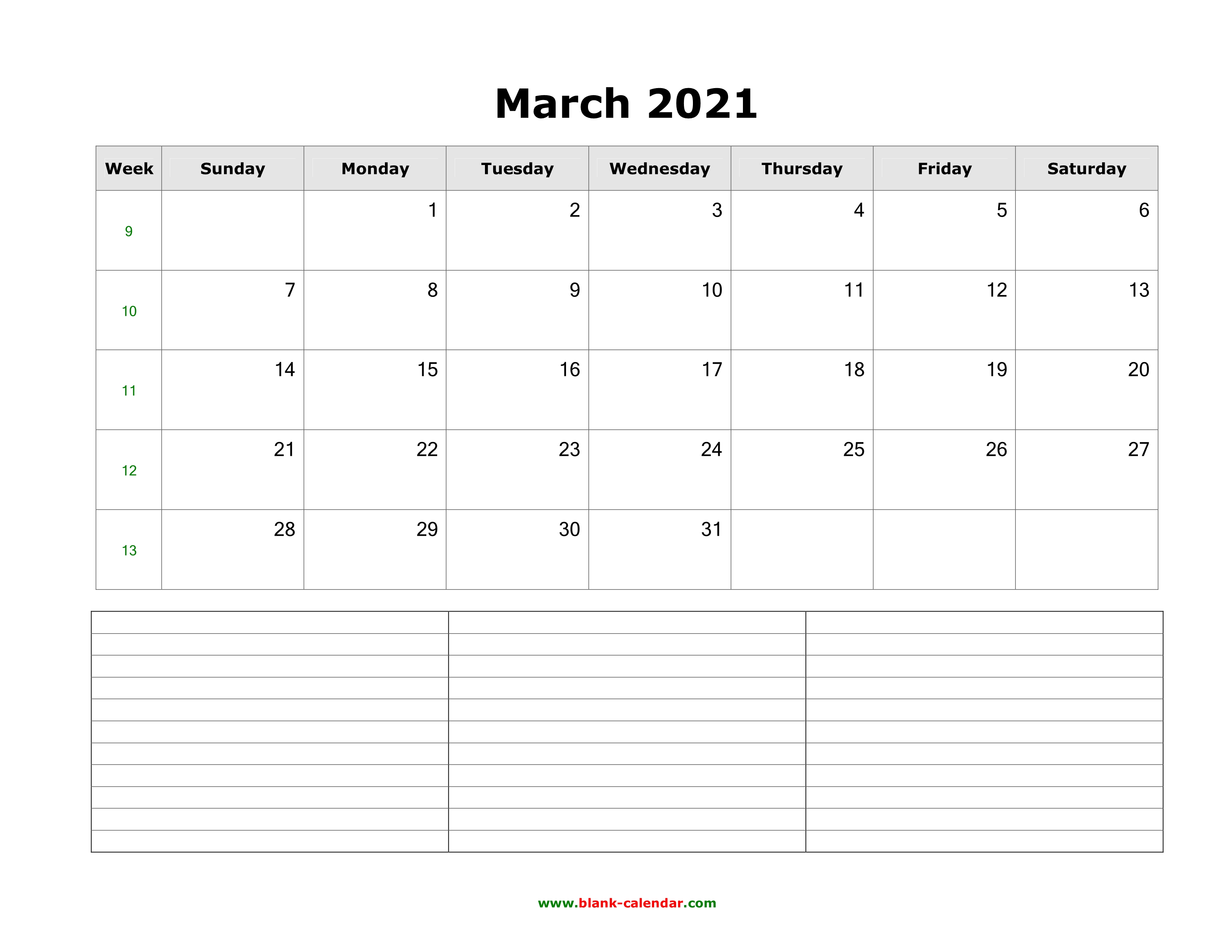 Download March 21 Blank Calendar With Space For Notes Horizontal